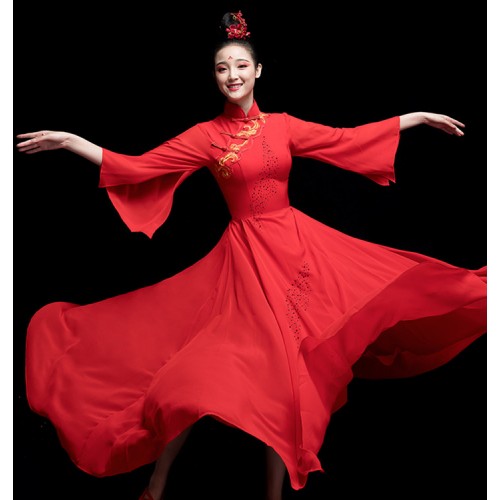 Women's chinese folk dance costumes female red colored ancient traditional classical yangko umbrella fan dance dresses
